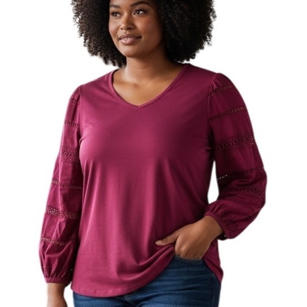 Chicos Womens Magenta Crochet Sleeve Blouse Top Size 3 XL Pink Knit Pullover